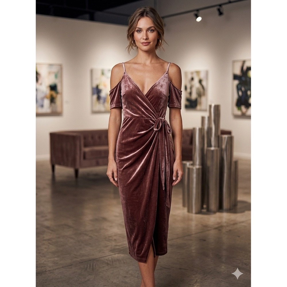 ASTR the Label Brown Velvet Cold Shoulder Wrap Midi Dress Small Dark Romance